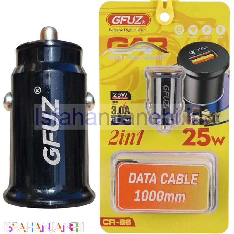 اصفهان جانبی-شارژر فندکی فست شارژ GFUZ CR-86 3A QC3.0 25W + کابل تایپ سی