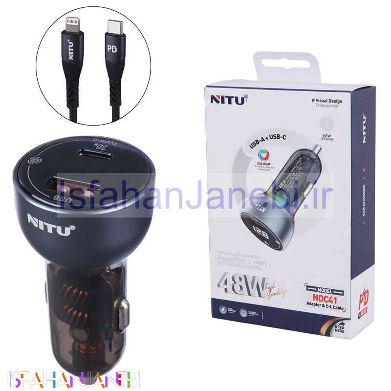 اصفهان جانبی-شارژر فندکی فست شارژ Nitu NDC41 3A QC3.0 PD 30W + کابل تبدیل آیفونی