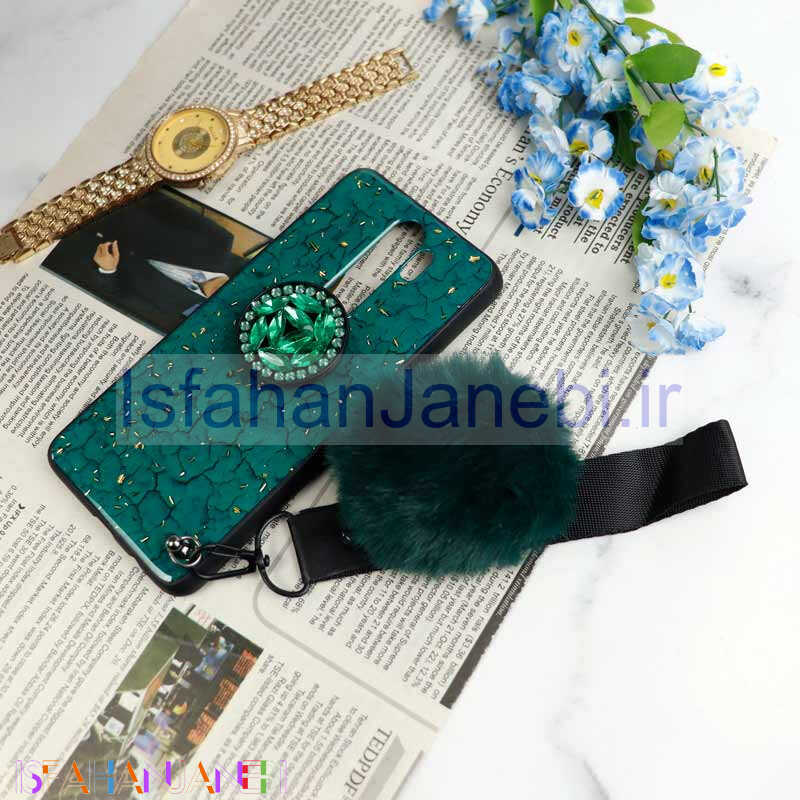 اصفهان جانبی-قاب ماربل طلایی پوم پوم دار + پاپ سوکت الماسی Xiaomi Redmi Note 8 Pro