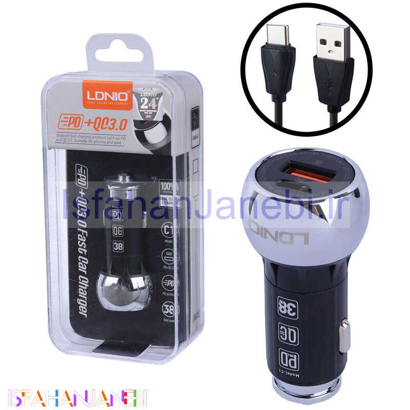 اصفهان جانبی-شارژر فندکی فست شارژ Ldnio C1 QC3.0 PD 20W + کابل تایپ سی
