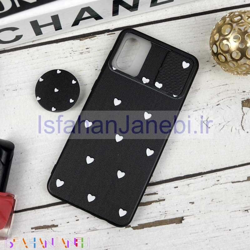 اصفهان جانبی-قاب طرحدار محافظ لنزدار کشویی + پاپ سوکت طرح قلب سفید سامسونگ A02 سری B
