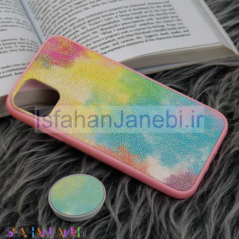اصفهان جانبی-قاب چرمی هولوگرامی پاپ سوکت دار iPhone 11 صورتی