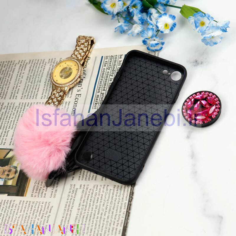اصفهان جانبی-قاب ماربل طلایی پوم پوم دار + پاپ سوکت الماسی آیفون iPhone 7/8/SE 2020