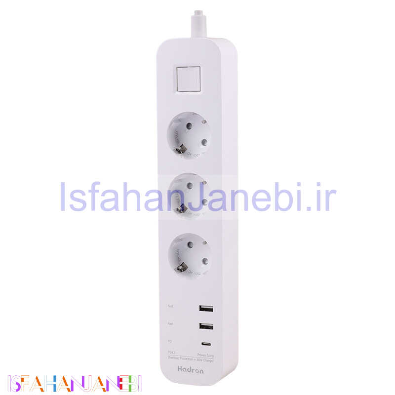 اصفهان جانبی-چند راهی 3 خانه برق ارت دار هادرون P343 با کابل 1.8 متری + شارژر USB و Type-C