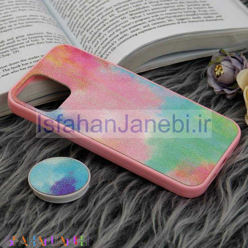 اصفهان جانبی-قاب چرمی هولوگرامی پاپ سوکت دار iPhone 12 Pro صورتی