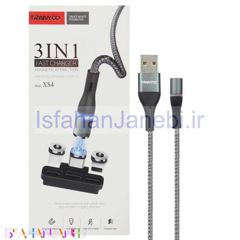 اصفهان جانبی-کابل 3 سر مگنتی فست شارژ Tranyoo XS4 2.4A 1m
