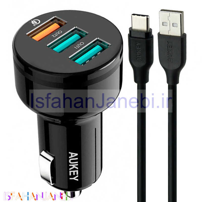 اصفهان جانبی-شارژر فندکی فست شارژ Aukey CC-T11 QC3.0 3A PD 42W + کابل تایپ سی
