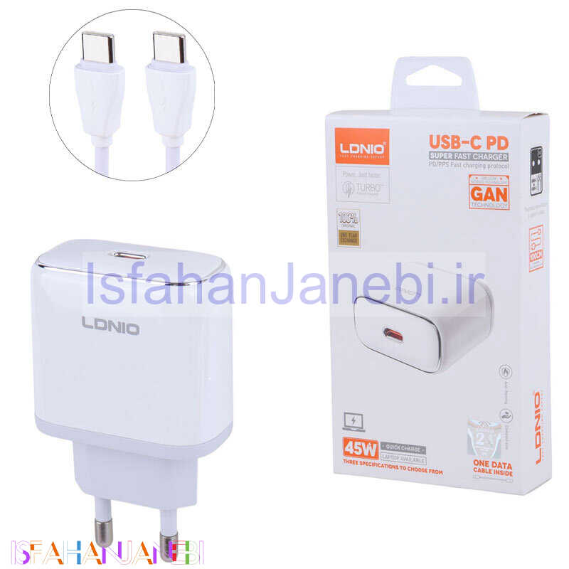 اصفهان جانبی-شارژر دیواری 45 وات الدینیو Q1415 GaN PD 3A + کابل تایپ سی